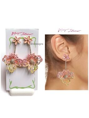 NWT Betsey Johnson 💋OPENWORK FLOWER Gold Tone Glass Crystals Drop Earrings